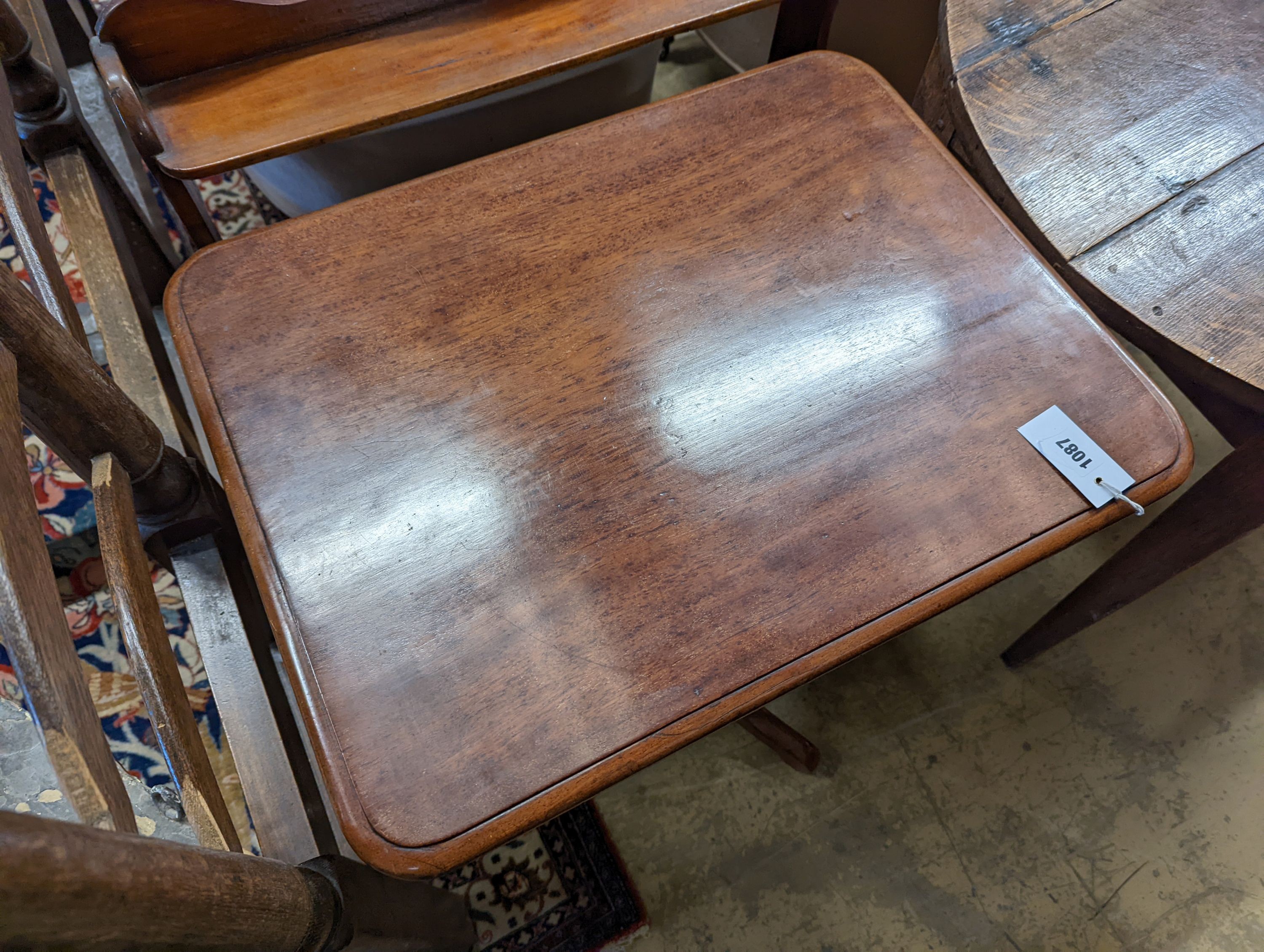 A Victorian rectangular mahogany tripod wine table, width 59cm, depth 46cm, height 70cm, together with a Victorian four tier wall bracket